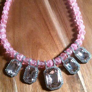 Simulated Pink Sapphire and Austrian Crystal Beaded Silvertone Necklace